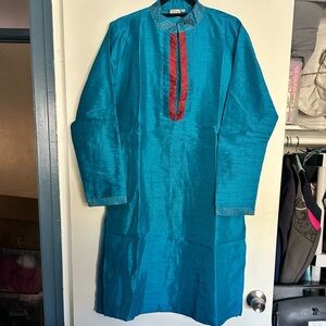 Teal Long Sleeve Kurta with Red Accents